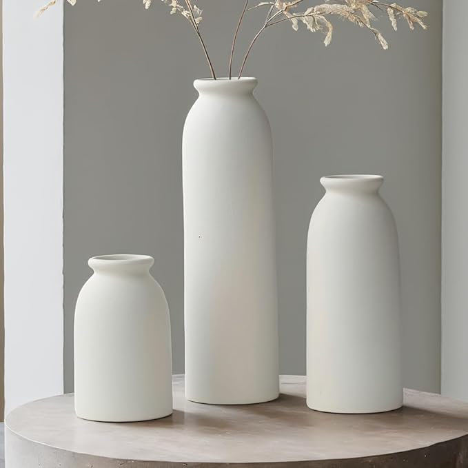 10.6 inches Tall Decorative Ceramic Vase Set, 3 Pieces, Nordic Modern Boho Style, White, for Home Decor (White)