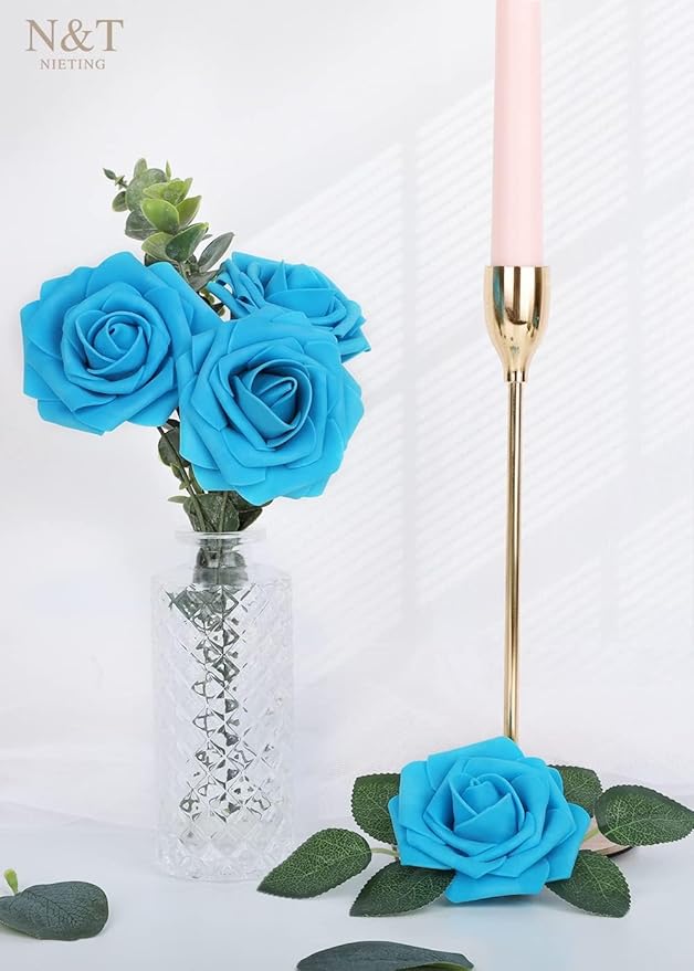 N&T NIETING Artificial Flowers 50pcs Real Looking Blue Foam Fake Roses with Stems for DIY Wedding Bouquets White Bridal Shower Centerpieces Arrangements Party Tables Decorations