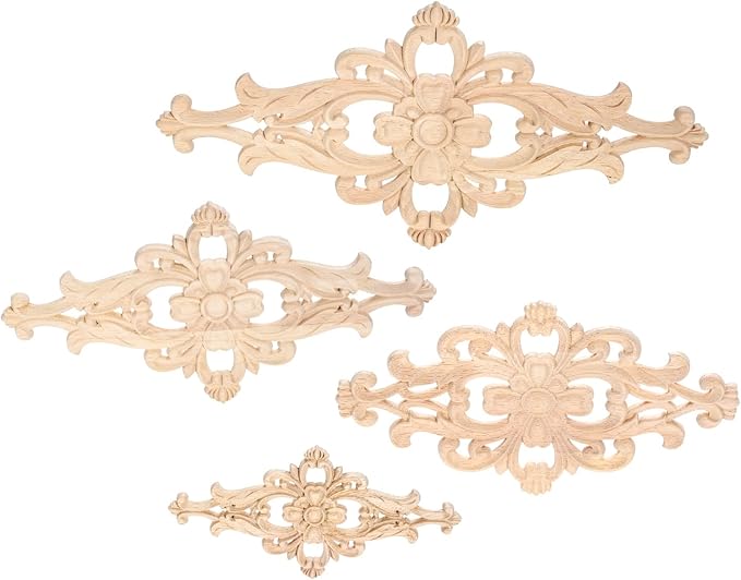 MUXSAM Wood Carved Appliques Furniture Decorative Onlays, 1Pc Unpainted DIY Center Carving Decal for Door Wall Ceiling Cabinet Dresser Mirror Bed Mantel Bench Decoration, 20x10cm/7.8"x3.94"