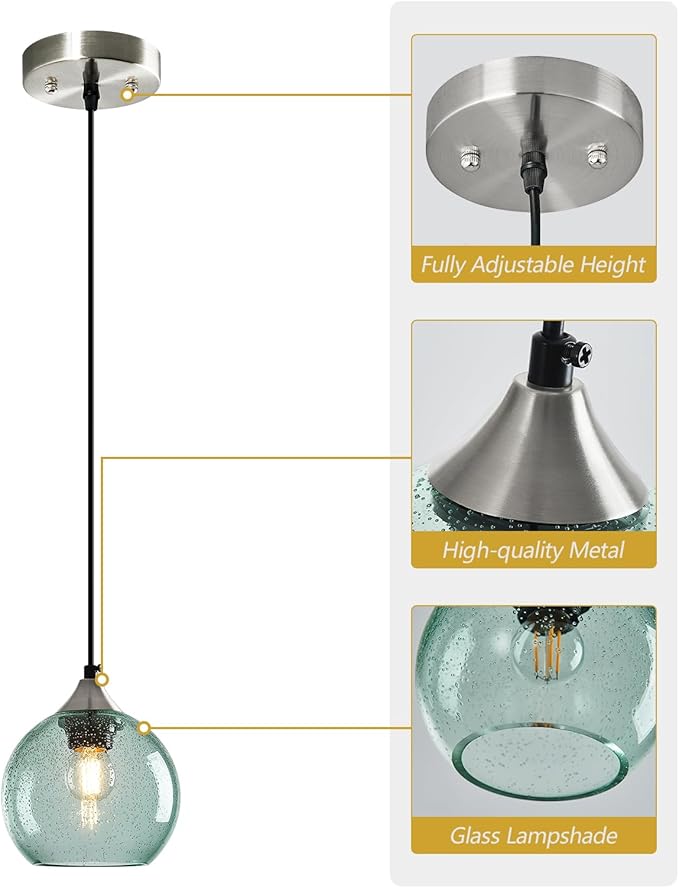 Light Green Glass Pendant Lights Kitchen Island Globe Pendant Light Fixtures Modern Pendant Lighting for Bedroom Living Dining Room Light Fixture (5.9 in, 1 Pack)