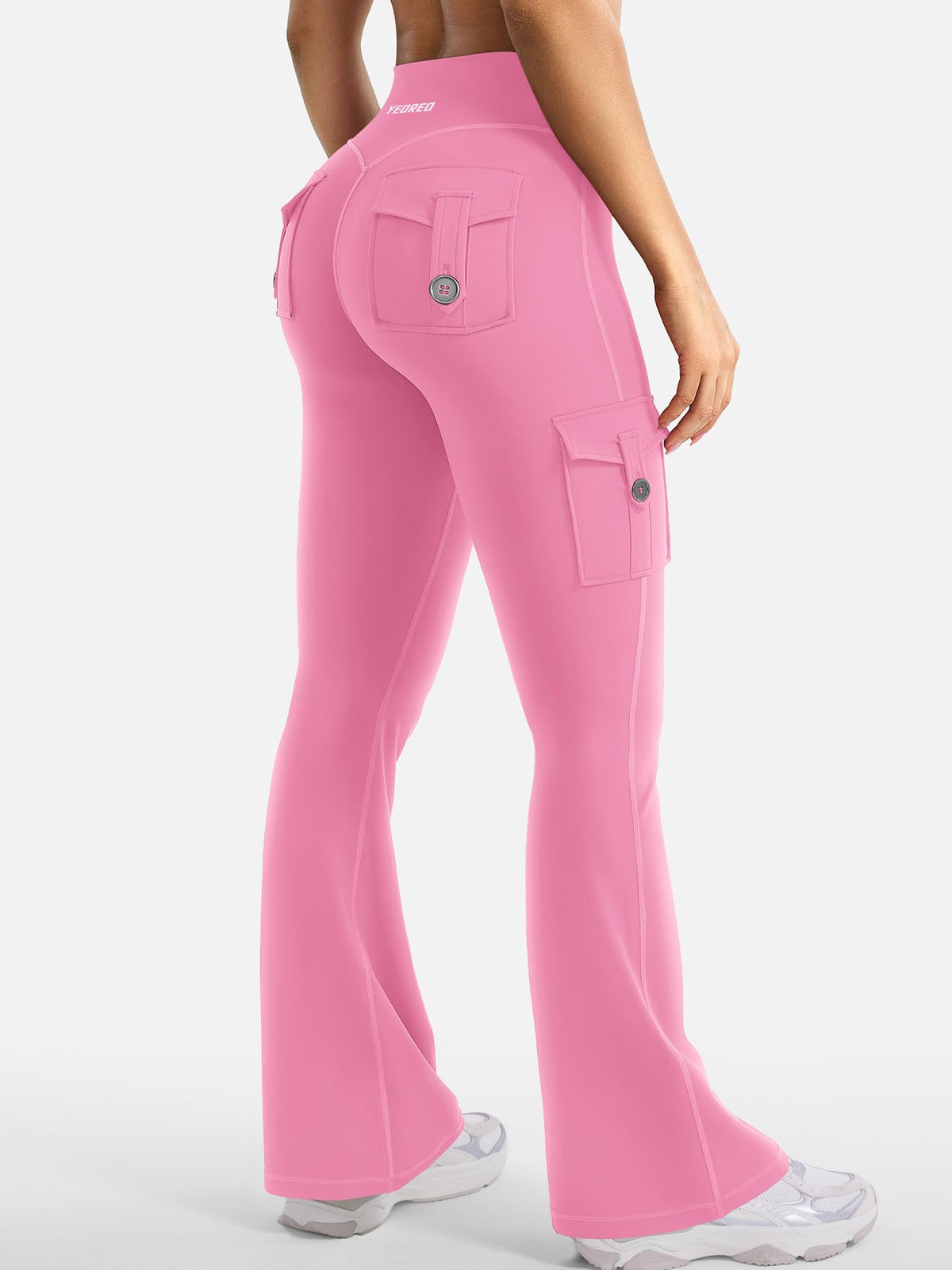 YEOREO CoreFlex Women Workout Flare Leggings with Pockets Hidden Scrunch High Waisted Cargo Gym Yoga No Front Seam Leggings Pink S