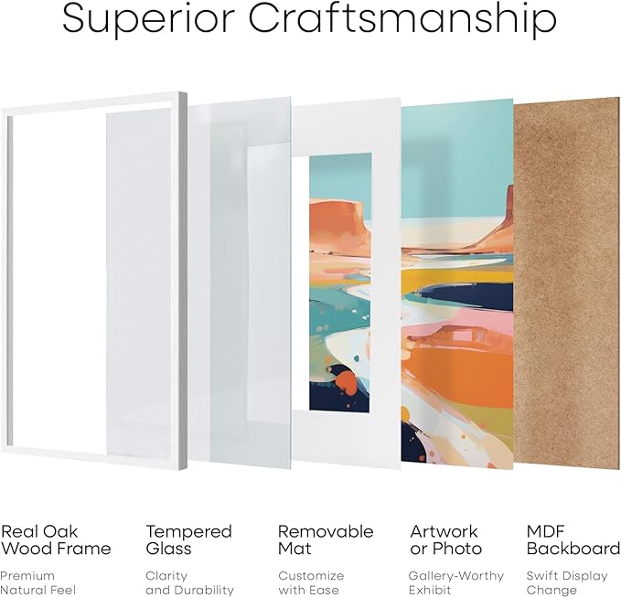 Homeforia 12x12 White Frame Wood, High End Oak 12 x 12 Square Picture Frames with Mat 10 by 10 inches Photo, 12by12 White Wooden Poster Frames Matted to 10x10 Print, Tempered Glass, Wall Kit, Set of 1