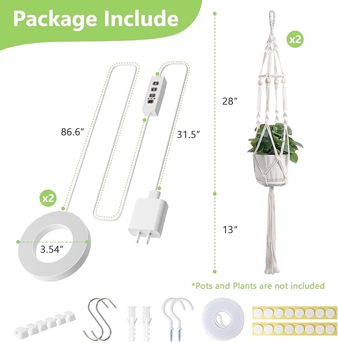 Macrame Plant Hanger with Grow Light: 2 Pack Boho Hanging Planters with Light for Indoor Plants, Ideal for Apartments, Small Spaces, Low-Light Rooms (GrowPro Spectrum)