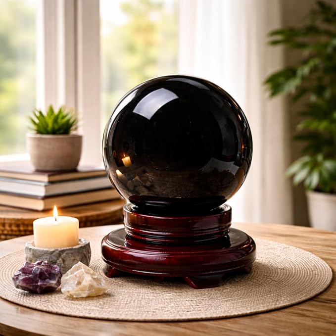 Mina Heal Large Black Obsidian Sphere for Meditation, Feng Shui, Protection, and Crystal Healing – Rare Handcrafted Large Obsidian Crystal Ball (140mm Diameter)
