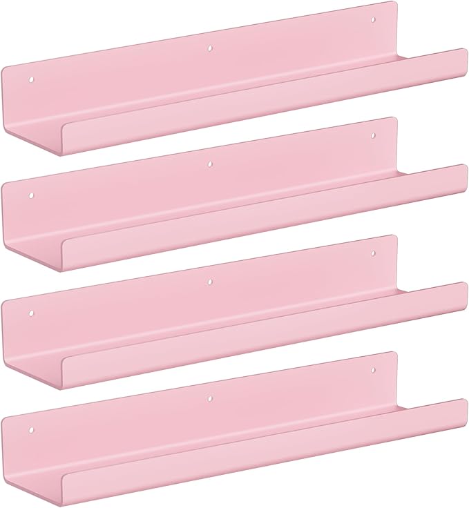 upsimples Acrylic Shelves for Wall Decor, 15" Display Shelf Perfume Organizer for Bathroom, Bedroom, Living Room, Floating Bookshelves for Kids, Pink, 4 Pack