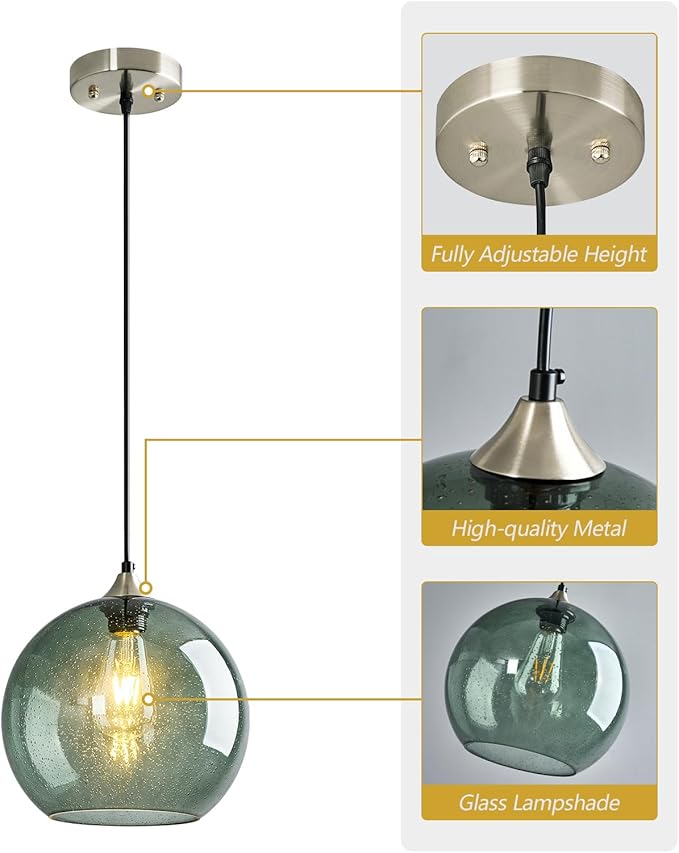 Gray Green Glass Pendant Lights Kitchen Island Lighting Globe Pendant Light Fixtures Modern Pendant Lighting for Kitchen Island Bedroom Living Dining Room Light Fixture(9.84in, 1-Pack)