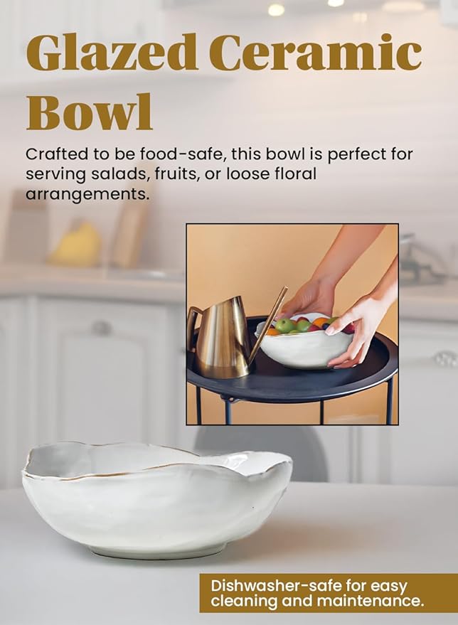 Serene Spaces Living Free-Form Glazed Ceramic Bowl with Sculpted Edge, Decorative Centerpiece for Table Styling, Modern Home Accent for Dining Table Mantel Shelf, 10.5" Diameter & 3.5" Tall