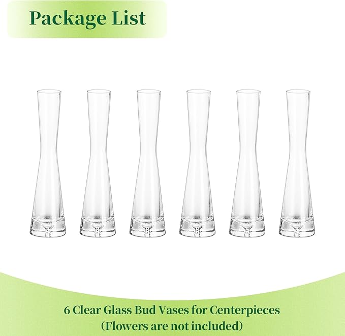 Hewory Glass Bud Vases for Centerpieces Set of 6, Handmade Modern Clear Small Skinny Decorative Single Flower Vase, Minimalist Slim Floral Vase for Home Wedding Party Events Table Decor, 7.87"