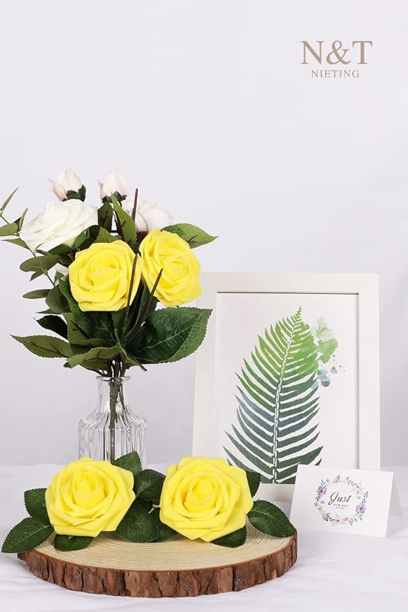 N&T NIETING Artificial Flowers Yellow Roses, 50 Pcs Fake Flowers Foam Roses Perfect for DIY Wedding Bouquets Centerpieces Bridal Baby Shower Party Home Flower Arrangement Spring Decorations