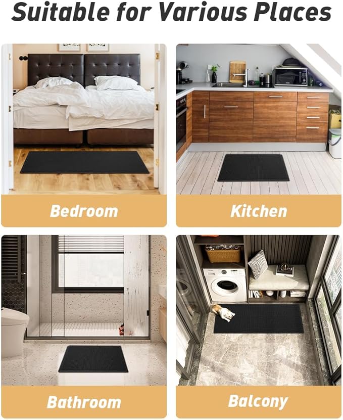 AMOAMI Upgraded Waffle Bath Mat, Super Absorbent Non Slip Bath Mats for Bathroom Floor, Machine Washable Bathroom Rugs with Tassels, Rubber Backed Bathroom Mats, Ultra Soft, 18" x 30", Black