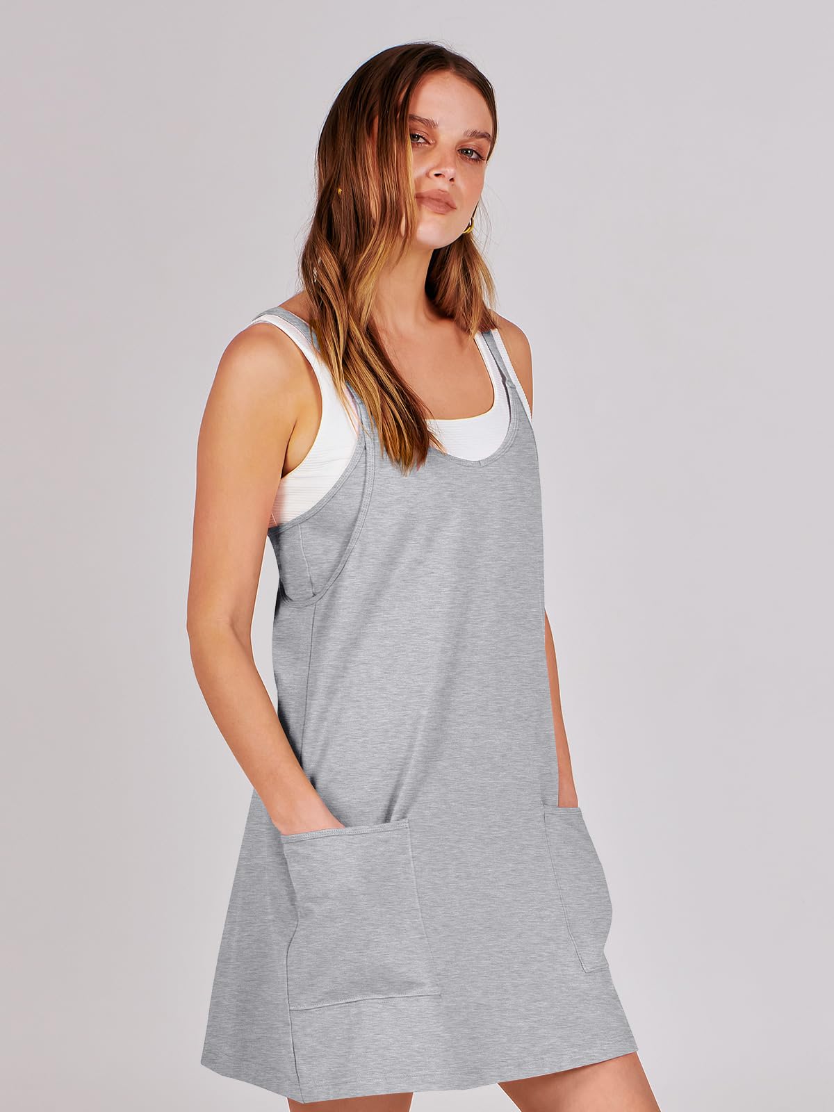 ANRABESS Women Athletic Dress Summer Tennis Workout Active Sports Mini Romper Dress Built in Shorts Travel Vacation Clothes Heather Gray Small