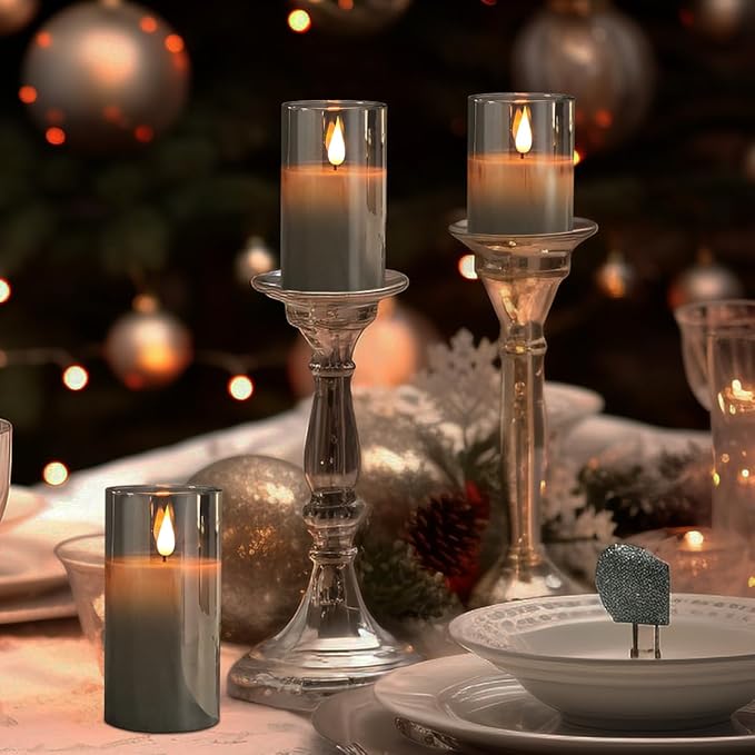 Rechargeable Flameless Candle, Flashing LED Pillar Real Wax Candle with Remote Control and Timer, Upgraded Teardrop Wick, Gray Electronic Candle, 1 Set of 3