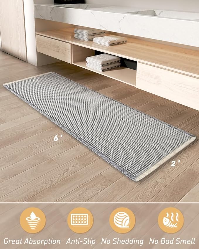 AMOAMI Upgraded Waffle Runner Rug Super Absorbent Non Slip Bath Mats for Bathroom Machine Washable Bathroom Runner Rug with Tassels, Ideal for Hallway Bedroom Laundry Room, 2' x 6', LightGrey & Cream