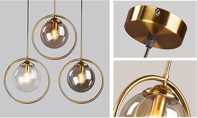 Pendant Light Modern Minimalist Hanging Lamp with Spherical Glass Shade and Brass Metal Ring Adjustable Height for Dining Room Bedroom Living Room (Clear)