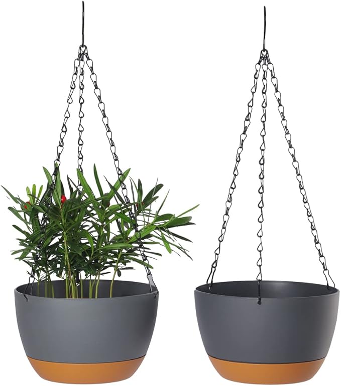 2 Pack Plastic Hanging Planters Set ,10 Inch Hanging Flower Plant Pot with Drainage Hole for Indoor Outdoor Plants, Round Hanging Basket with Removable Tray for Home Garden Porch Balcony Patio Decore