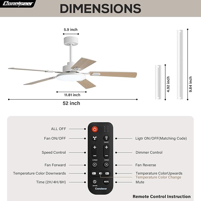 52 Inch Ceiling Fans with Lights and Remote for Bedroom Living Room Kitchen Office, Indoor/Outdoor Use, 5CCT Dimmable, 5 Blades 6 Speed Reversible Quiet DC Motor, White/Wood Grain, 2 Pack