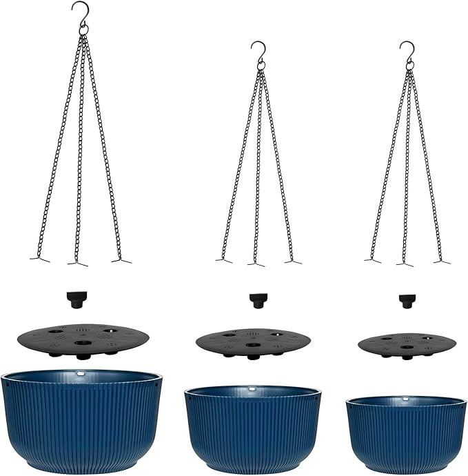 Hanging Planters 9/10/11 Inch for Indoor Plants, 3 Pack Plant Hanger Outdoor with Drainage Holes, Self Watering Hanging Basket Flower Pot for Garden Home Decor, Dark Blue