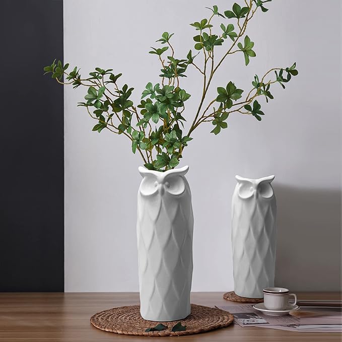 Owl Ceramic Vase Set of 2 for Living Room Bedroom 9.45'' and 8.27'' Modern White Fake Flower Plant Vases for Home Decor Office Table Shelf Fireplace Retro Rustic Farmhouse Vintage Classic Gift