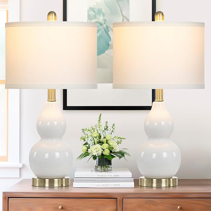 Double Gourd Ceramic Table Lamps Set of 2, Modern White Bedside Lamps for Night Stand, Contemporary Nightstand Lamps for Bedroom Living Room (Bulb Included)