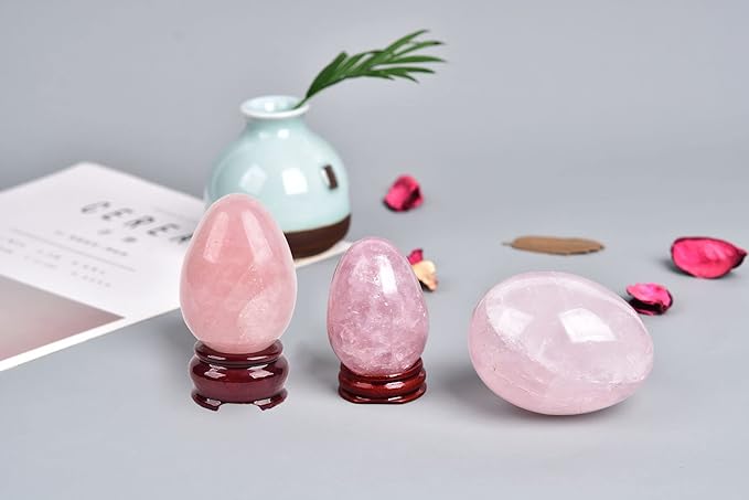 AMOYSTONE Rose Quartz Crystal Egg with Base for Healing Reiki Home Decor - Easter Egg Height 2.5-3