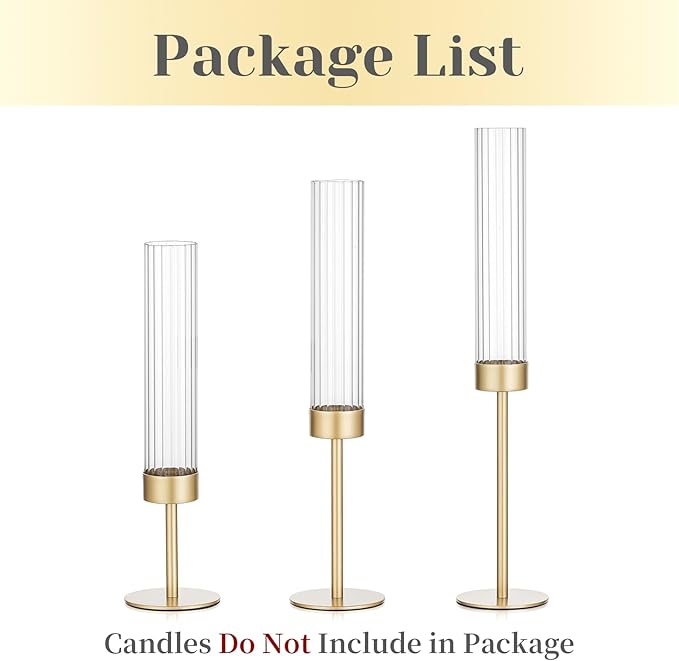 Hewory Gold Hurricane Candle Holders: Brass Candlestick Holders Set of 3 Tall Taper Candle Holders for Candlesticks Candle Sticks Holder Decor for Table Centerpiece Wedding Party Christmas Decorations