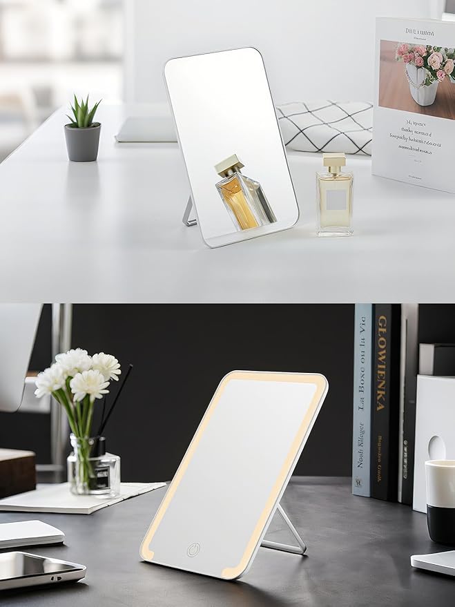 OMIRO Desk Makeup Mirror, 8 x 5 inches Table Mirror with Foldable Stand and Hanging Hole for Shaving and Travelling, Blue
