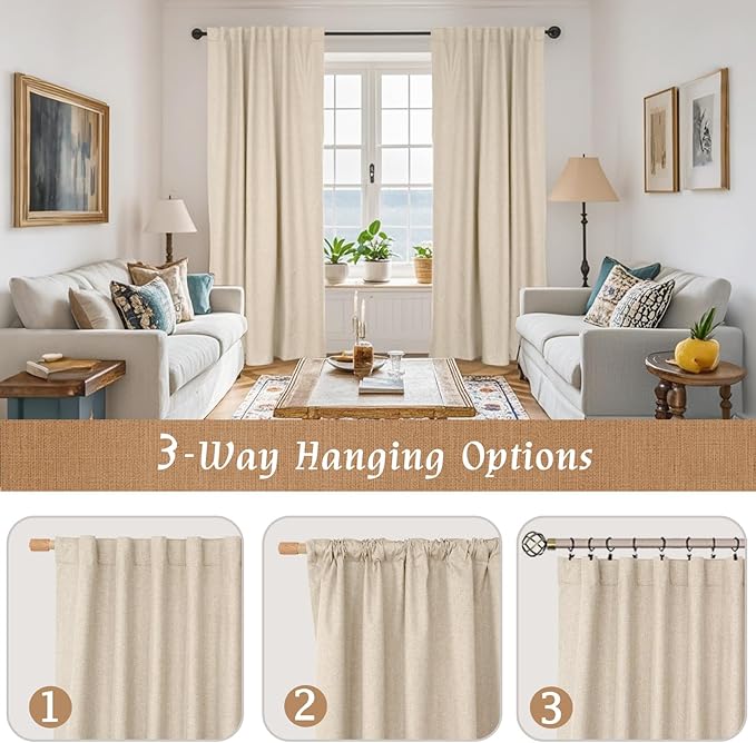 LAMIT 100% Blackout Linen Curtains, 63 Inches Linen Textured Thermal Bedroom Curtains Back Tab and Rod Pocket Neutral Panels with White Liner for Farmhouse, 2 Panels, 38 x 63 Inch