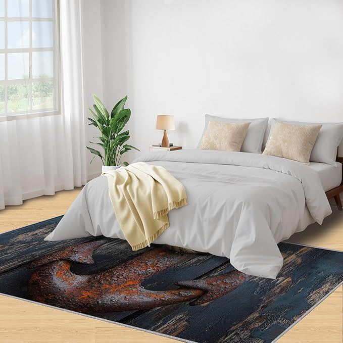 Nautical Anchor 6x8 Area Rugs,Distressed Wood Bedroom Rug Nautical Style Non-Slip Washable Rug for Living Room Nursery Kitchen Low-Pile Carpet