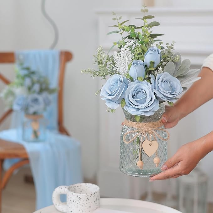 Faux Flowers with Vase,Artificial Silk Roses in Vase, Fake Plant Eucalyptus Flower Arrangement for Home Office Farmhouse Bathroom Dining Table Centerpiece Decorations Coffee Table Decor (Dusty Blue)