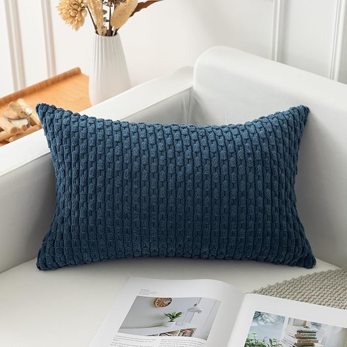 Kevin Textile Pack of 2 Corduroy Decorative Throw Pillow Covers 12x20 Inch Soft Boho Striped Pillow Covers Modern Farmhouse Home Decor for Autumn Sofa Living Room Couch Bed Blue