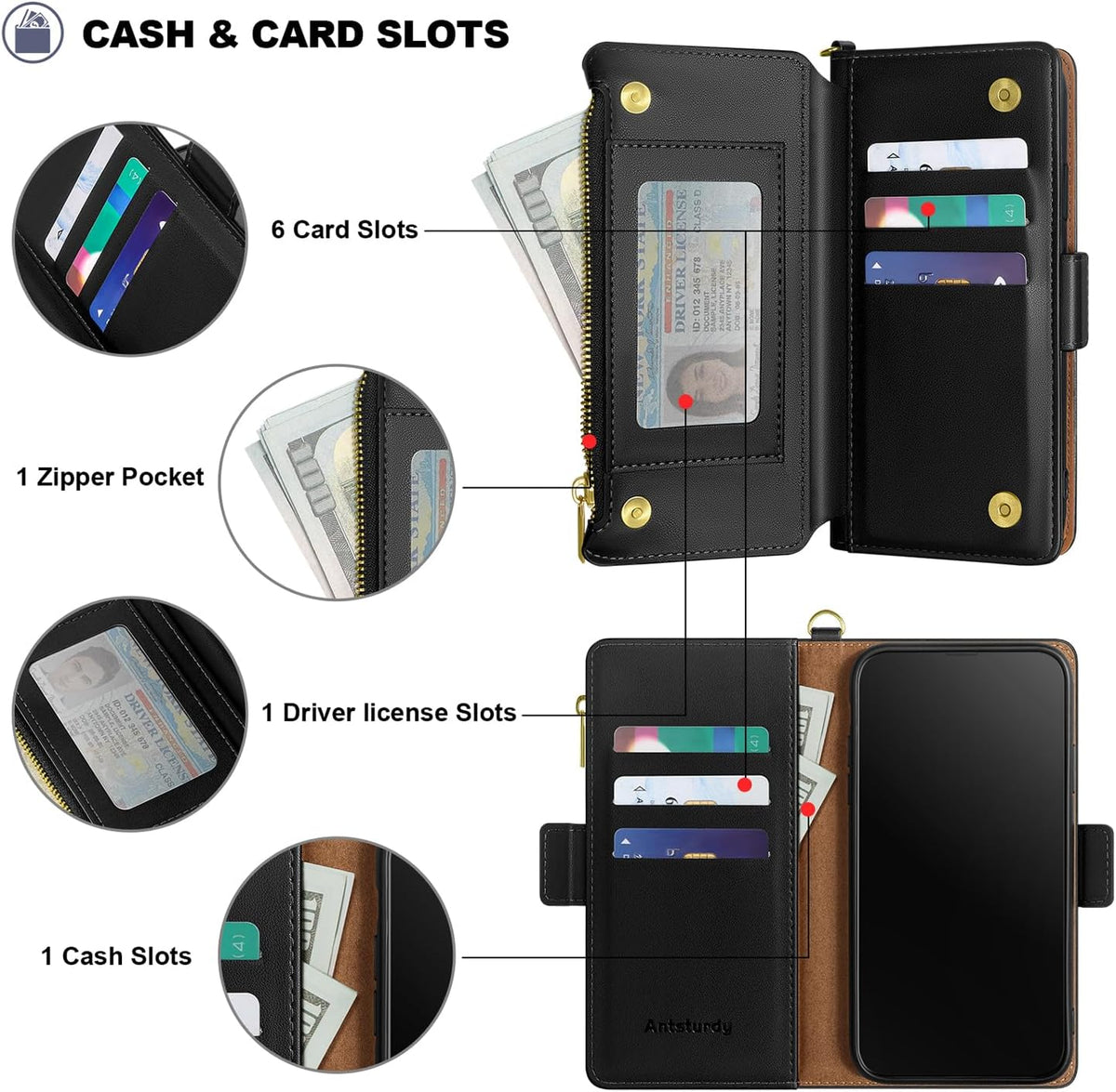 Antsturdy 15 15 6.1",(Black) Compatible with iPhone Wallet Case Card HolderRFID Blocking PU Leather Phone Case Women