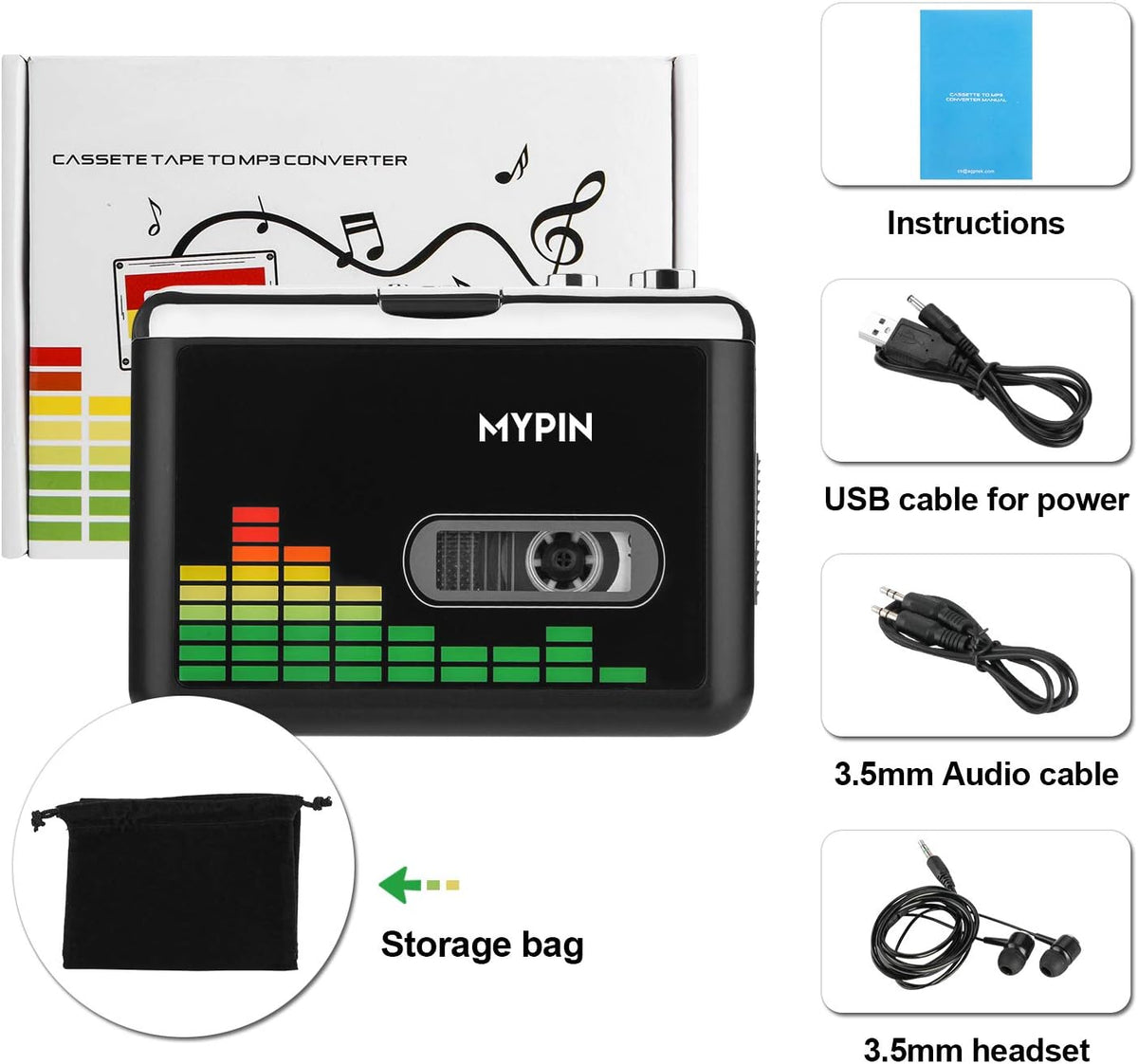 Cassette MP3 Cassette Tape-to-MP3 USB to Converter, Portable Walkman Audio Music Player Converter with Earphones