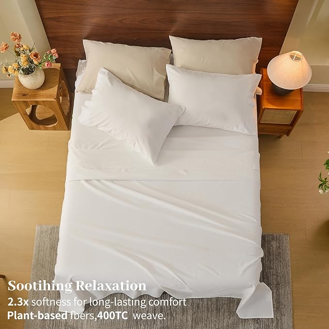 MEISHANG 100% French Pure Linen Sheets Queen Size - Extra Deep Pocket Sheet Set, Soft Durable Flax Linen, Anti-Tear Breathable & Oeko-Tex Certified 18-24 Deep Pocket,All Season(White)