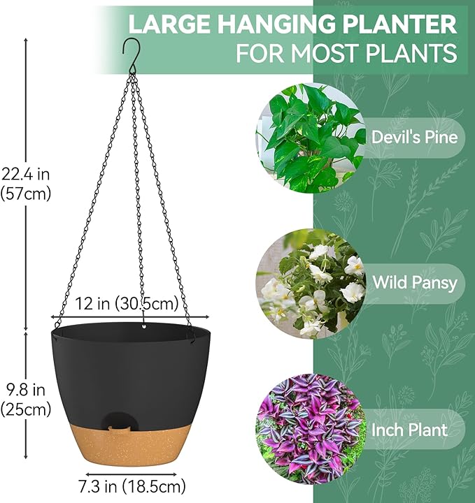 ZMTECH 12 Inch Hanging Planters for Indoor Outdoor Plants, 1 Pack Self Watering Hanging Plant Pots with Drainage Holes and Removable Saucer, Plastic Flower Hanging Pots with Watering Lip (Black)