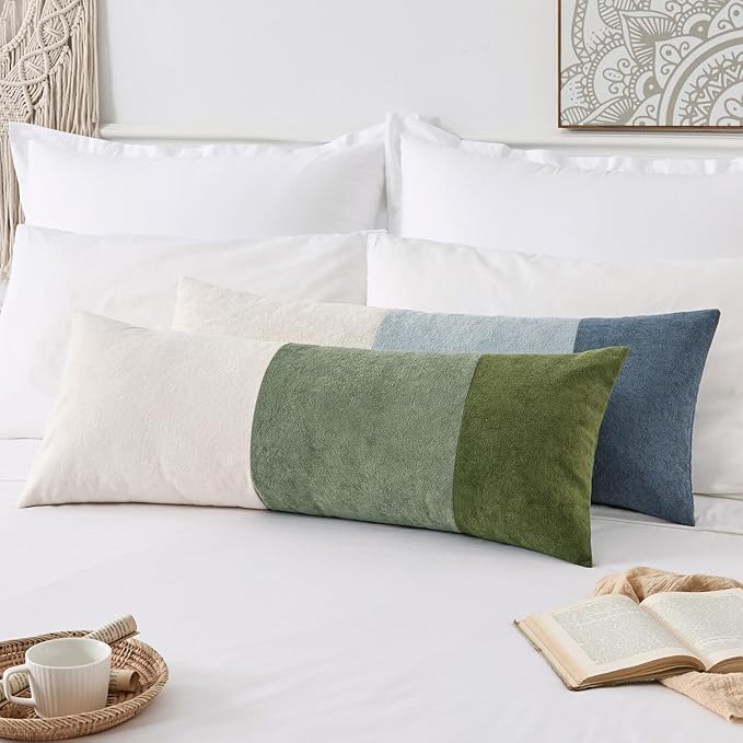 Kevin Textile 14x36 Inch Long Lumbar Cover 1 Pack Three-Colour Patchwork Soft Textured Waterproof Rectangle Cushion Elegant Accent Pillows for Couch Sofa Chair Bed Home Decor Indoor Outdoor Green