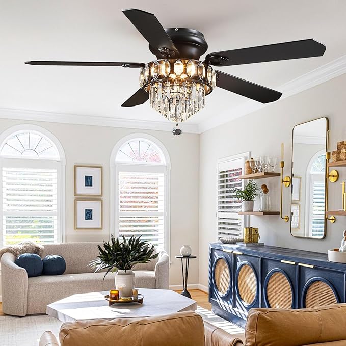 Asyko Crystal Ceiling Fan Fandelier with Lights - 52" Outdoor Fans with Remote Control,Noiseless DC Motor, Retro/Farmhouse Lighting, Dining Room,Living Room