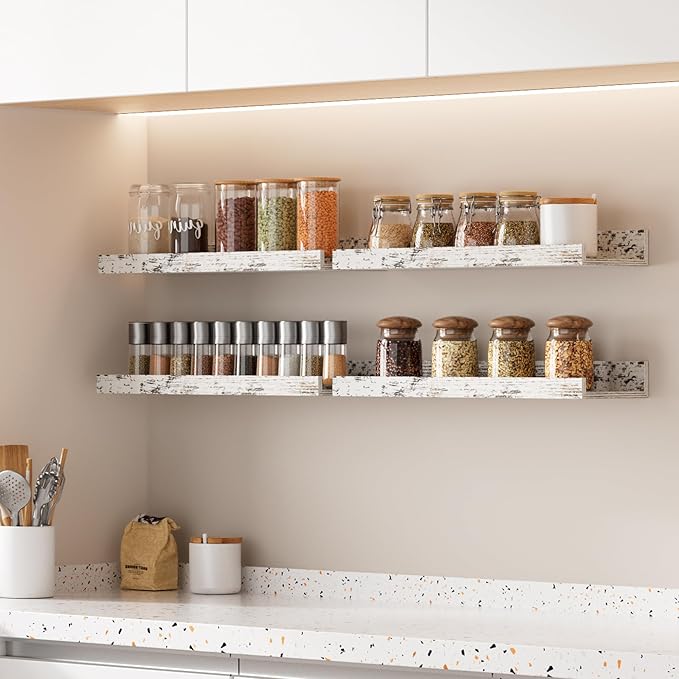 upsimples Floating Shelves for Wall, Wall Shelves for Decor Storage Set of 6, Wall Mounted Wood Shelf for Bedroom, Living Room, Bathroom, Kitchen, Picture Ledge Shelf, Rustic White