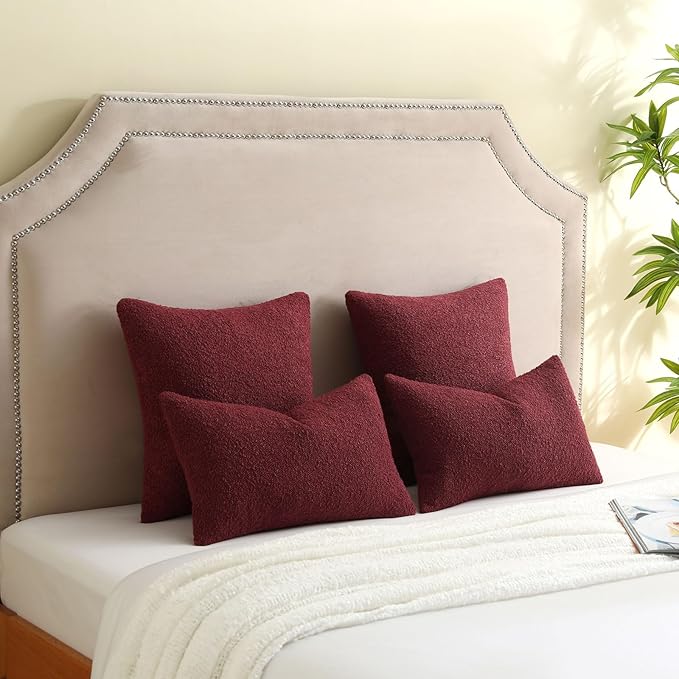 FUTEI Pack of 2 Burgundy Decorative Throw Pillow Covers 20x20 Inch Soft Cozy Solid Boucle Textured Cushion Case,Modern Home Decor for Couch Bed Living Room
