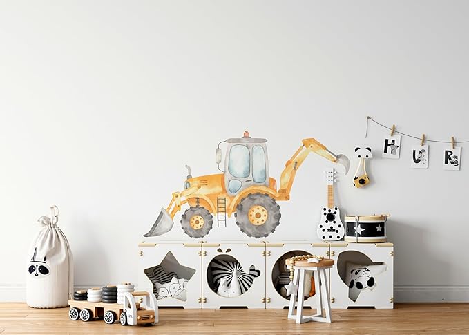 Construction Tractor Backhoe Loader Wall Decal for Boys Room, Construction Eqipment Peel Stick Removable Fabric Wall Sticker, Nursery or Playroom Decor, Repositionable (18 inch: 10" Tall x 18" Wide)