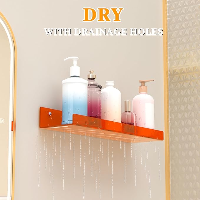 6 Pack Floating Shelves –15'' Orange Acrylic/PET Wall-Mounted No Drill Storage with Adhesive, Bathroom & Bedroom Shelving for Kitchen, Living Room, Home Decor