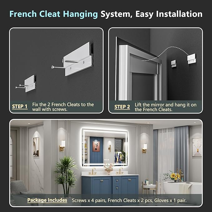 60x40 LED Bathroom Mirror with Lights, Backlit and Front Lit, Anti-Fog Lighted Vanity Mirrors for Bathroom Wall, Dimmable, 3-Color Light, Memory, Shatter-Proof, HD Tempered Glass, CRI>90