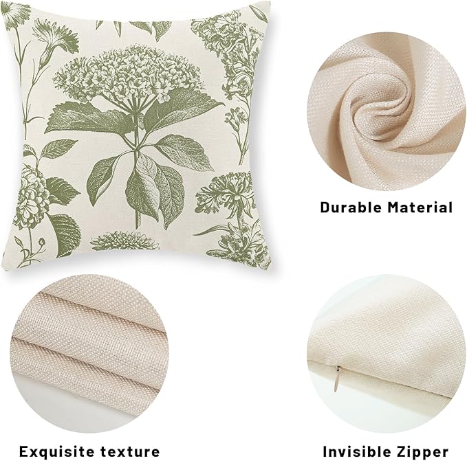 Sage Green Pillow Covers 20x20 Set of 2 Boho Floral Hydrangea Herbs Botanical Throw Pillow Cover Outdoor Decoration Pillow Cases Vintage Flower Linen Cushion Case Decorative for Couch Sofa