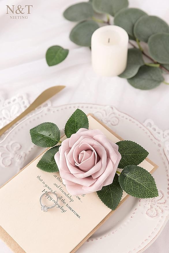 N&T NIETING Artificial Flowers, 25Pcs Fake Flowers Roses Perfect for DIY Wedding Bouquets Centerpieces Bridal Shower Party Home Flower Arrangement Decorations, Dusty Rose Series
