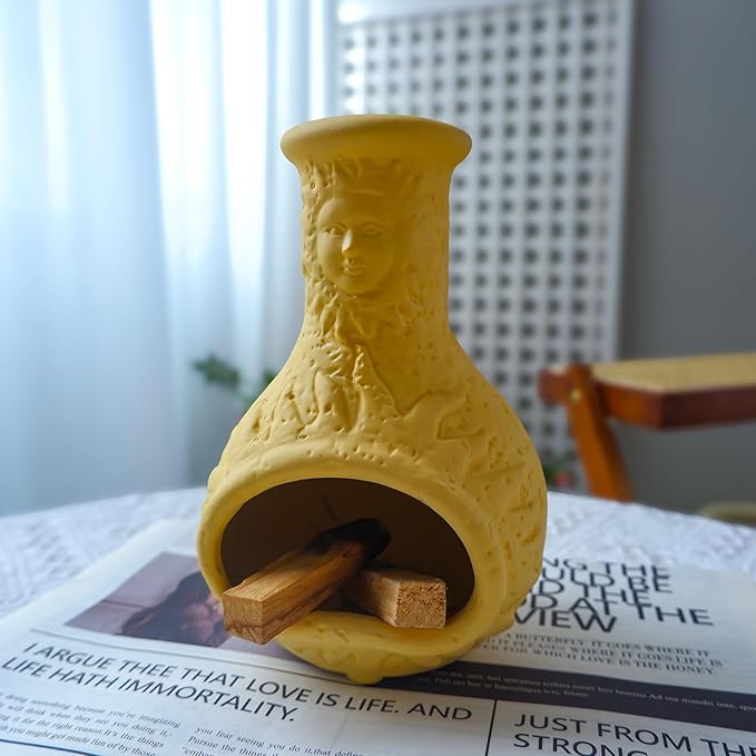 Palo Santo Burner Holder,Yellow Mini Chiminea with Chimney Handmade Smudge Bowl fits sage, Incense Cones, Sticks, Small Candle; with ash Collection. Great for Zen Meditation, Altar Fireplace
