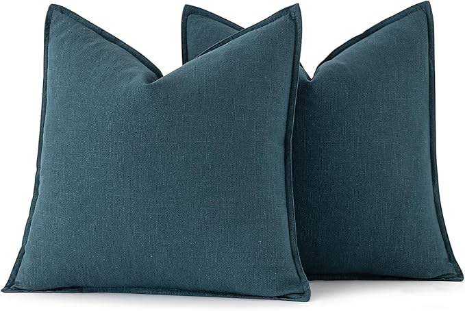 MIULEE Decorative Linen Pillow Covers 16x16 Inch Blue Boho Farmhouse Neutral Couch Throw Pillows for Bed Pack of 2 Accent Coastal Modern Pillowcase Summer Sofa Livingroom Home Decor