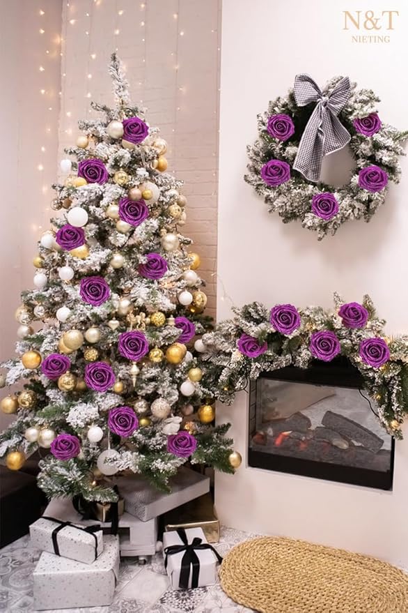 N&T NIETING Artificial Flowers Glowing Purple Flowers Foam 25pcs Glitter Roses Real Looking Fake Roses with Stem for DIY Wedding Bouquets Centerpieces Bridal Shower Party Home Decorations