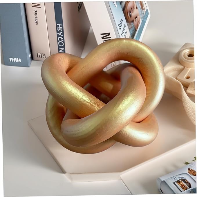 Wood Knot Decor -Coffee Table Decor Shelf Decor Table Books Hand Carved Home Decoration Boho Country Rustic Modern Shabby Chic Style 3 Link Wooden Knot Chain Link Decor (Gold)