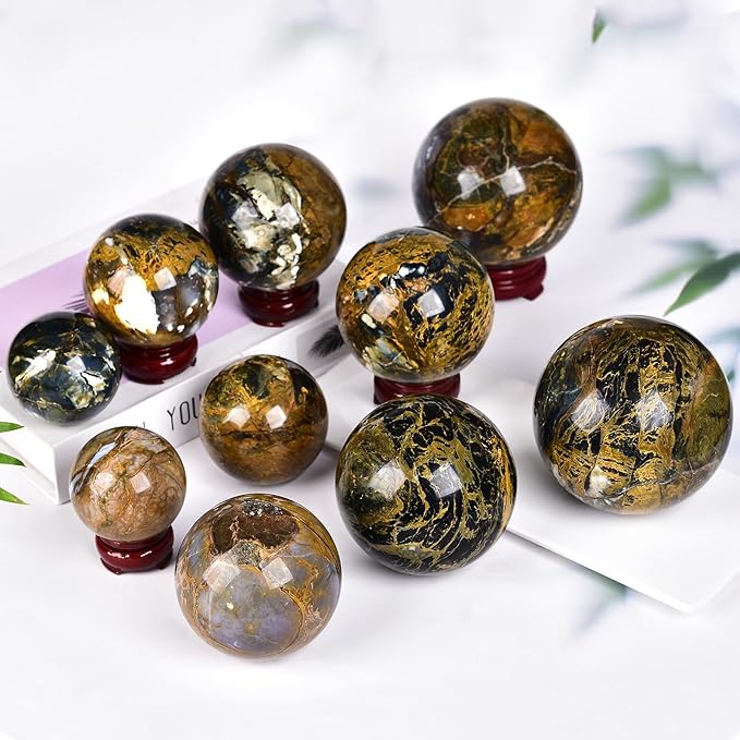 JIC Gem Pietersite Quartz Crystal Sphere,Decorative Crystal Ball Blues and Golden Browns Gemstone Sphere for Meditation,Office Table Decorations 90-100mm