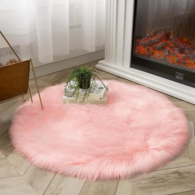 Latepis Round Pink Faux Sheepskin Fur Rug Circle Rugs 4ft Soft Fluffy Rugs for Bedroom Girls Living Room Rug for Dorm Floor Luxury Home Decor