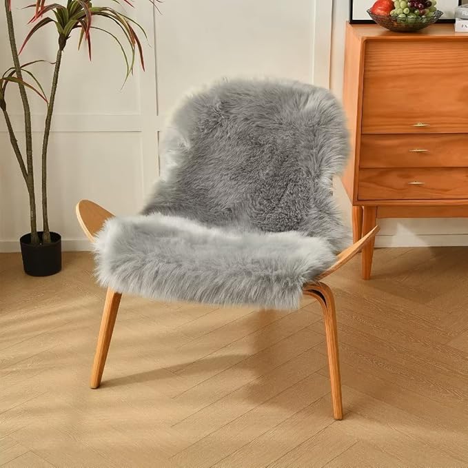 duduta Gray Faux Sheepskin Chair Seat Covers, Fluffy Shag Fur Throw Rugs Room Decor 2x3 ft